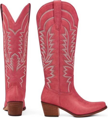 Cowboy Boots for Women - Knee High Cowgirl Boots Pointed Toe Chunky Heel Pull On Classic Embroidered Fashion Retro Western Tall Boots for Women in Kuwait