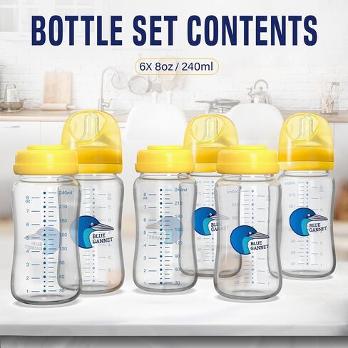 Multipurpose Anti-Colic Glass Baby Bottles with Slow Flow and Natural Flow Nipples, Breast Milk Collection and Storage Bottles, Wide-Neck Breast Pumps Compatible, 6-Pack (8oz) in Saudi Arabia