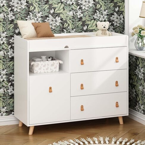 Baby Dresser Changing Table with Drawers,Shelf,Hidden Laundry Basket Storage,2 in 1 Nursery Dresser Chest for Infants, Baby Diaper Changing Station for Daycare,Bedroom,White in Saudi Arabia