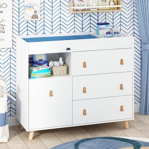 Baby Dresser Changing Table with Drawers,Shelf,Hidden Laundry Basket Storage,2 in 1 Nursery Dresser Chest for Infants, Baby Diaper Changing Station for Daycare,Bedroom,White in Saudi Arabia