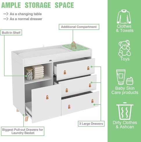 Baby Dresser Changing Table with Drawers,Shelf,Hidden Laundry Basket Storage,2 in 1 Nursery Dresser Chest for Infants, Baby Diaper Changing Station for Daycare,Bedroom,White in Saudi Arabia