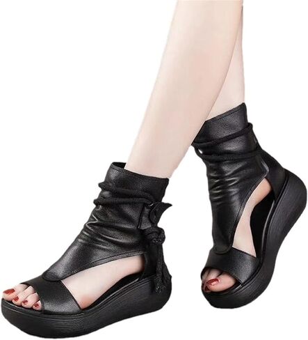 Women Summer Sandals Comfortable Wedges Shoes Soft Sole High Top Fish Mouth Sandals Vintage PU Leather Plus Size Sandalias (Color : Black, Shoe Size : 6.5) in Saudi Arabia