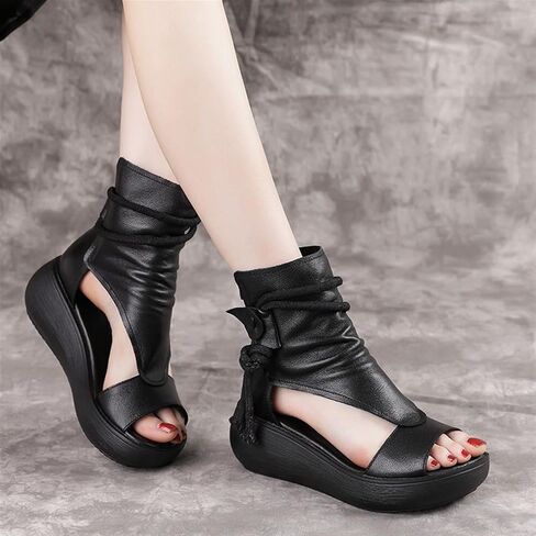Women Summer Sandals Comfortable Wedges Shoes Soft Sole High Top Fish Mouth Sandals Vintage PU Leather Plus Size Sandalias (Color : Black, Shoe Size : 6.5) in Saudi Arabia