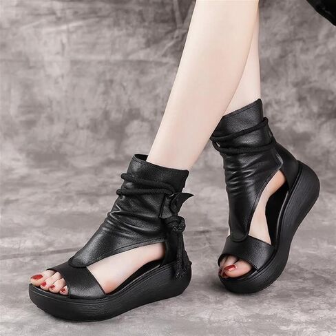 Women Summer Sandals Comfortable Wedges Shoes Soft Sole High Top Fish Mouth Sandals Vintage PU Leather Plus Size Sandalias (Color : Black, Shoe Size : 6.5) in Saudi Arabia