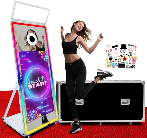 Magic Mirror 65inch Photo Booth 43inch شاشة تعمل باللمس التفاعلية المدمجة في جهاز Photobooth Mirror Mirror مع طباعة ومشاركة فورية لحفلات الزفاف (أبيض ، كشك صور) in Saudi Arabia