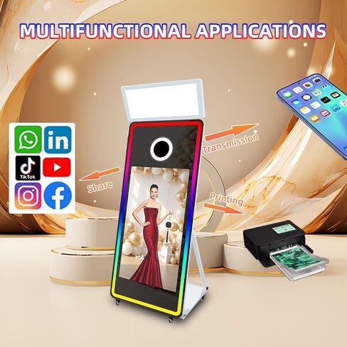 Magic Mirror 65inch Photo Booth 43inch شاشة تعمل باللمس التفاعلية المدمجة في جهاز Photobooth Mirror Mirror مع طباعة ومشاركة فورية لحفلات الزفاف (أبيض ، كشك صور) in Saudi Arabia