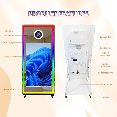 Magic Mirror 65inch Photo Booth 43inch شاشة تعمل باللمس التفاعلية المدمجة في جهاز Photobooth Mirror Mirror مع طباعة ومشاركة فورية لحفلات الزفاف (أبيض ، كشك صور) in Saudi Arabia