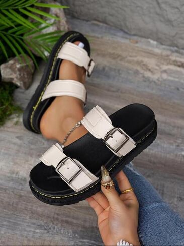Women's Fashionable Solid PU Leather Sandals Platform Slides Casual Comfortable Slippers for Women Summer Lightweight Breathable Shoes for Daily Wear No Slip Chunky Sole Summer Beach Vacation in Saudi Arabia