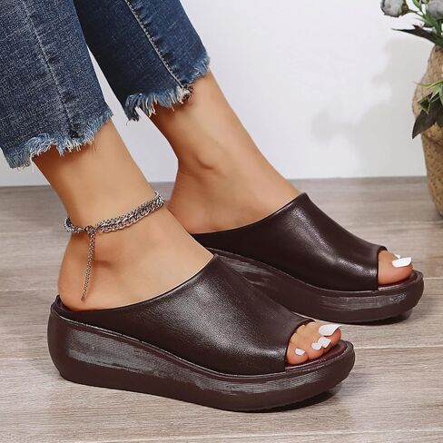 Women's Sandals Casual Summer Wedge Peep Toe High Heel Platform Mules Shoes Slip on Slide Slippers Comfortable Non-Slip Walking Shoes,Brown,US7/EU38 in Kuwait
