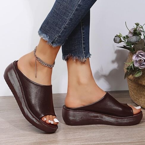 Women's Sandals Casual Summer Wedge Peep Toe High Heel Platform Mules Shoes Slip on Slide Slippers Comfortable Non-Slip Walking Shoes,Brown,US7/EU38 in Kuwait
