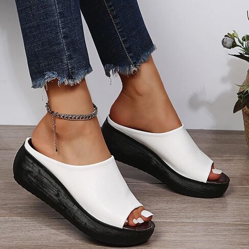 Women's Sandals Casual Summer Wedge Peep Toe High Heel Platform Mules Shoes Slip on Slide Slippers Comfortable Non-Slip Walking Shoes,Brown,US7/EU38 in Saudi Arabia