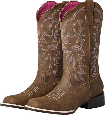 Shesole Women's Fashion Wide Square Toe Western Cowgirl Boots Boots Mid Calf مع Danvable Latex Insole Spur Ridge Heel لركوب الخيل Rodeo Country Concert Line Wedding Line in Kuwait