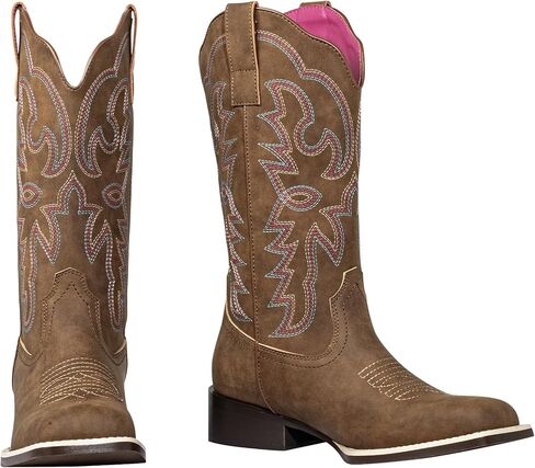 Shesole Women's Fashion Wide Square Toe Western Cowgirl Boots Boots Mid Calf مع Danvable Latex Insole Spur Ridge Heel لركوب الخيل Rodeo Country Concert Line Wedding Line in Kuwait