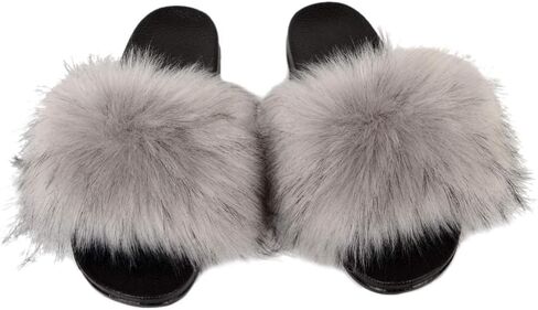 MH Bailment Womens Furry Fluffy Slippers Faux Fur House Slippers Open Toe Fuzzy Slides Soft Flat Slip On Sandals for Indoor Outdoor in Kuwait