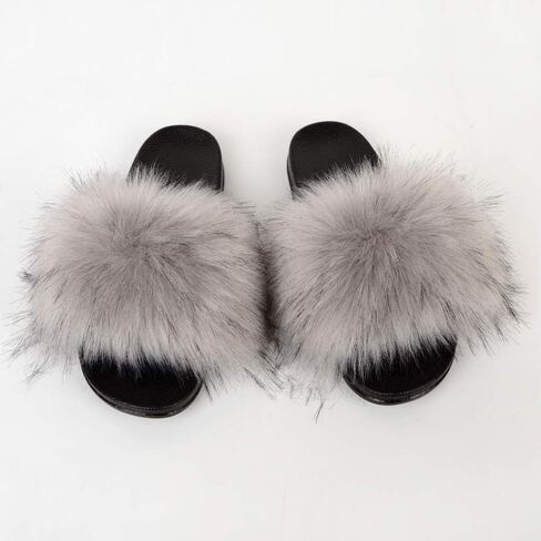 MH Bailment Womens Furry Fluffy Slippers Faux Fur House Slippers Open Toe Fuzzy Slides Soft Flat Slip On Sandals for Indoor Outdoor in Kuwait
