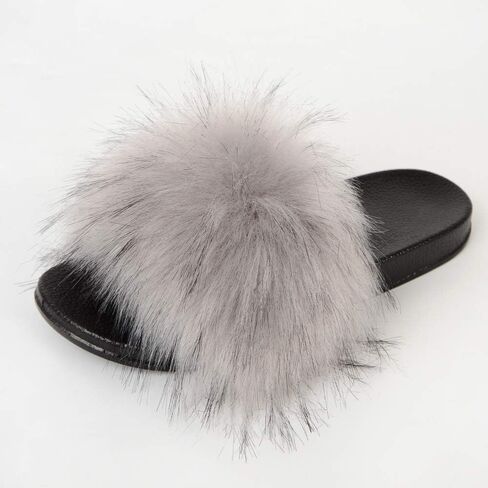 MH Bailment Womens Furry Fluffy Slippers Faux Fur House Slippers Open Toe Fuzzy Slides Soft Flat Slip On Sandals for Indoor Outdoor in Kuwait