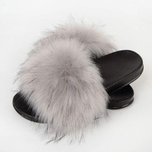 MH Bailment Womens Furry Fluffy Slippers Faux Fur House Slippers Open Toe Fuzzy Slides Soft Flat Slip On Sandals for Indoor Outdoor in Kuwait