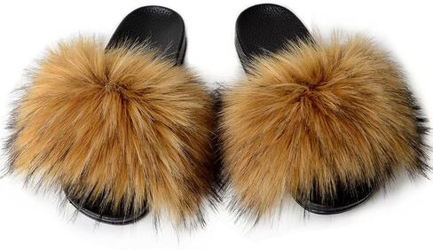 MH Bailment Womens Furry Fluffy Slippers Faux Fur House Slippers Open Toe Slides Slips Slip Flaw على الصنادل للداخل في الهواء الطلق in Kuwait