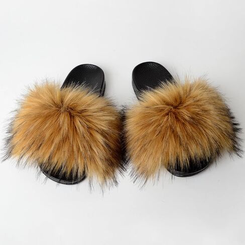 MH Bailment Womens Furry Fluffy Slippers Faux Fur House Slippers Open Toe Slides Slips Slip Flaw على الصنادل للداخل في الهواء الطلق in Kuwait