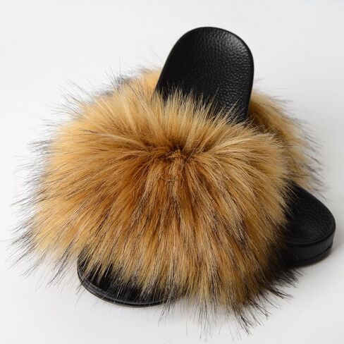 MH Bailment Womens Furry Fluffy Slippers Faux Fur House Slippers Open Toe Slides Slips Slip Flaw على الصنادل للداخل في الهواء الطلق in Kuwait
