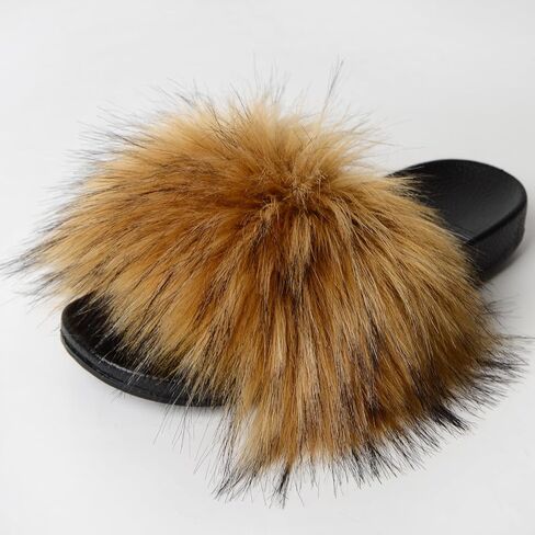 MH Bailment Womens Furry Fluffy Slippers Faux Fur House Slippers Open Toe Slides Slips Slip Flaw على الصنادل للداخل في الهواء الطلق in Kuwait