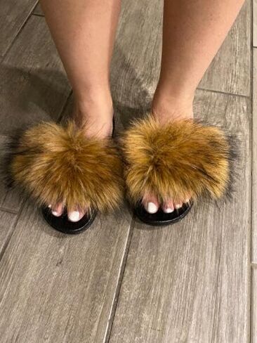 MH Bailment Womens Furry Fluffy Slippers Faux Fur House Slippers Open Toe Slides Slips Slip Flaw على الصنادل للداخل في الهواء الطلق in Kuwait