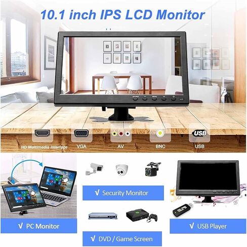 10.1 inch HD Monitor TFT LCD Color Screen, Portable Monitor with VGA BNC AV Ypbpr Input, 1280x800 Resolution, Supports PAL and NTSC Video Formats, Mini and Multifunctional (US in Saudi Arabia