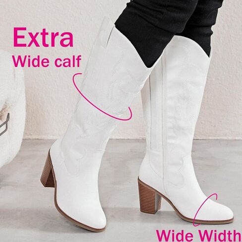 Luoika النسائية الإضافية العجل العجل رعاة البقر الركبتين عالية الأحذية ， عرض واسعة راعية البقر حذاء مكتنزة كعب مضخة زائد الحجم الغرب طويل القامة. in Kuwait