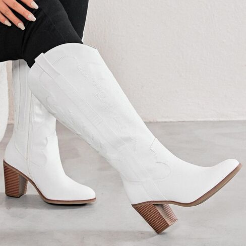 Luoika النسائية الإضافية العجل العجل رعاة البقر الركبتين عالية الأحذية ， عرض واسعة راعية البقر حذاء مكتنزة كعب مضخة زائد الحجم الغرب طويل القامة. in Kuwait