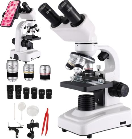 Binocular Microscope For Adults Kids Students, 40x-2400x Biological Compound Microscope,3 Objective Lens:4x/10x/100x, 4 Eyepiece: 2*16x 2*30x,Magnifier: 2*2x,Dual Led Illumination,White in Kuwait