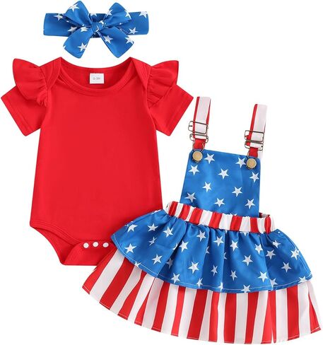 Baby Girls 4th of July Outfits First Independence Day Short Sleeve Rompe Suspender Skirt Headband Set Newborn Clothes in Kuwait