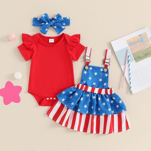 Baby Girls 4th of July Outfits First Independence Day Short Sleeve Rompe Suspender Skirt Headband Set Newborn Clothes in Kuwait