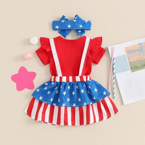 Baby Girls 4th of July Outfits First Independence Day Short Sleeve Rompe Suspender Skirt Headband Set Newborn Clothes in Kuwait