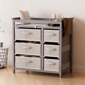 YUFU Changing Table, Nursery Dresser with 6 Storage Drawers, Safety Rails & Strap, Baby Diaper Changing Station, White