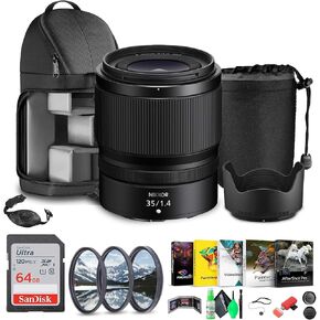Nikon NIKKOR Z 35mm f/1.4 Lens Z (20126) + Sling Backpack + Photo Software + 64GB Memory Card + Lens Filter Kit + Flexible Tripod + Cleaning Kit + Hand Strap + Lens Pouch + More