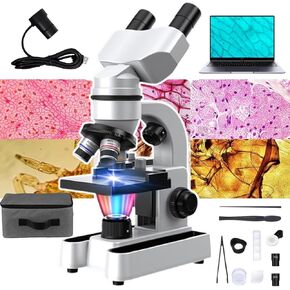 Compound Binocular Microscope, 40X-1600X Binocular Microscope with Electronic Eyepiece, 7-Color Led Lighting,Storage Bag, Microscope for Adults Kids Students Homeschool Education/Hobbyist ,White