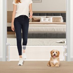 Retractable Short Dog Gate - Small Puppy Mesh Safety Pet Gates Doggy Door for Doorways Stairs Kitchen Hallways Indoor, 14" Tall, Extends up to 59" Wide, White