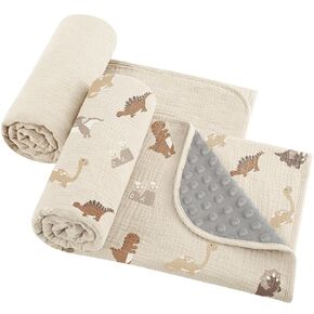 Susurration Baby Blanket for Unisex Boys Girls, 2 Pack Soft Fluffy Crib Blankets with Muslin Cotton Front and Dotted Fleece Back, Receiving Blanket for Baby Newborn Infant, 30x40inch, Green&Cream