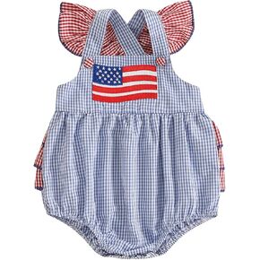 Baby Girl 4th Of July Outfit Flag Bow Embroidery Fly Sleeve Ruffled Overalls Romper Headband One Piece Bodysuit