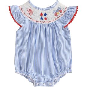 GOOCHEER Newborn Baby Girl 4th of July Outfit Star Bow Smocked Bubble Romper Short Sleeve Striped Jumpsuit Patriotic Clothes