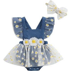 Fanvereka Newborn Infant Baby Girl Summer Outfit Romper Dress Short Sleeve Daisy Tulle Romper Headband 3 6 9 12 18 Months