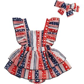 4th Of July Baby Girl Outfits Newborn Infant Bubble Romper Bow Sleeveless Overalls Jumpsuit Forth Of July Clothes