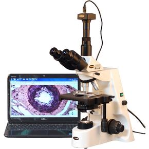 AmScope T690C-PL-M Digital Trinocular Compound Microscope, 40X-2500X Magnification, WH10x and WH25x Super-Widefield Eyepieces, Infinity Plan Achromatic Objectives, Brightfield, Kohler Condenser, Double-Layer Mechanical Stage, Includes 1.3MP Camera with Re