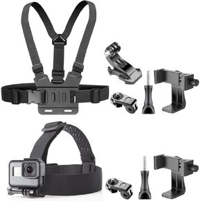 Chest Strap Harness Mount, Head Strap Clip Holder and Mobile Phone Clip Mount Kit for Recording VLOG/POV, Universal Accessories Kit Compatible for Most Cellphones and Action Cameras