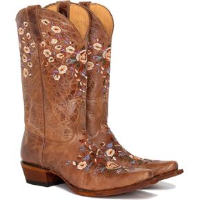Cowgirl Boots for Women Floral Embroidered Cowboy Ankle Boots,Wide Calf Pointed Toe Low Chunky Heel Pull On Western Stitched Boots
