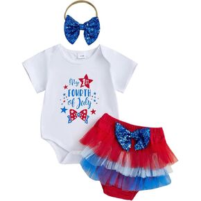 BeQeuewll Newborn Baby Girl 4th of July Outfit Tutu Dress Letter Romper+Layered Tulle Skirt+Headband Baby 4th of July Dresses