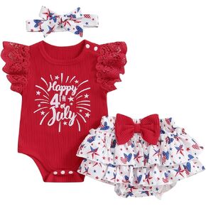 Baby Girl Ruffle Sleeve 4th of July Bodysuit Romper+Ruffled Skirt shorts+Headband 3Pcs Set Independence Day Outfit