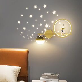 LED Kids Wall Lamps for Bedroom, Children Room Wall Lights Gold with Star Projector Shade Decorative Astronaut Wall Lighting Indoor Round Bedside Lamp with 3 Color Temperature, 15W *2