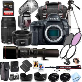 Canon EOS 5D Mark IV DSLR Camera with 50mm + 75-300mm Lenses + 500mm F/8 Preset Telephoto Lens + TTL Spped Light Flash + 128GB Memory, Filters, Case, Tripod + More (Pro Photo Bundle) (Renewed)