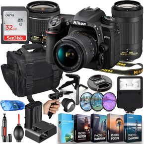 Nikon D7500 DSLR Camera with 18-55mm Lens & 70-300mm Lens + 32GB Memory + Flash, Bag, Hand Grip Tripod, HD Filters, Video/Photo Editing Software Package & More (Renewed)…